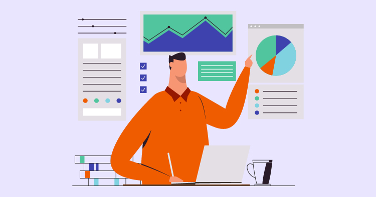 A person in an orange shirt analyzing data and charts on a laptop, surrounded by various graphs and statistics on a wall, representing data analysis and business insights.