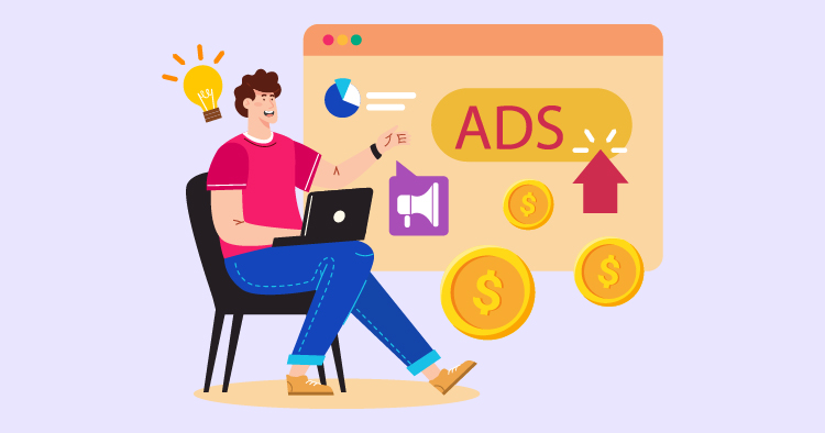 A person sitting on a chair, working on a laptop with graphics related to advertising, including charts, a megaphone icon, and dollar signs, emphasizing digital marketing and ad strategies.