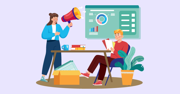 A woman with a megaphone stands beside a man reading at a table in a modern office setting. The background features a digital display with charts and graphs, while boxes and a potted plant are present, illustrating a collaborative work environment.