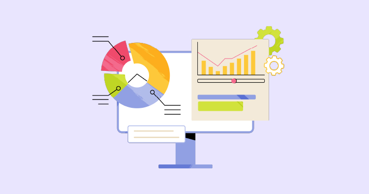 Illustration of a computer monitor displaying data analytics, including colorful pie charts and graphs, symbolizing data visualization and analysis in digital marketing or business intelligence.