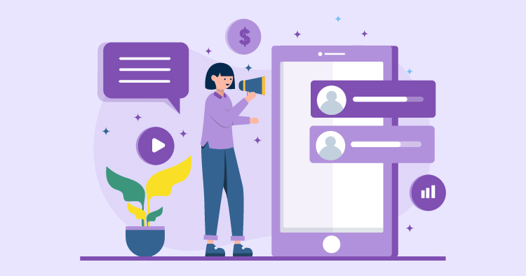 Illustration of a woman using a megaphone to communicate, surrounded by social media icons, a smartphone displaying chat messages, a play button, and a plant, symbolizing digital marketing and online engagement.