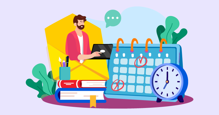 A man working on a laptop surrounded by books, a calendar, and a clock, representing productivity and time management in an educational or professional setting.