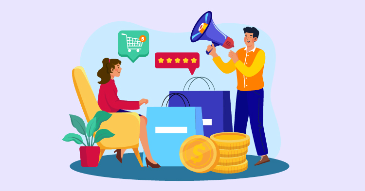 A man using a megaphone to promote products to a woman sitting comfortably, surrounded by shopping bags and coins, illustrating online shopping and marketing concepts.