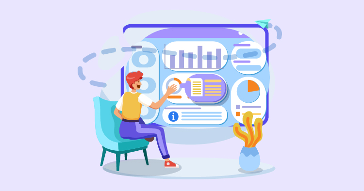 Person analyzing data on a digital screen with graphs and charts while sitting comfortably in a modern chair, symbolizing data-driven decision-making and analytics in a contemporary workspace.