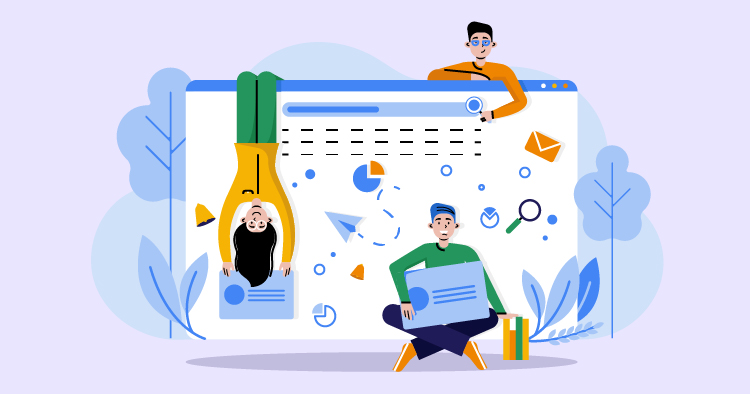 Illustration of three diverse individuals engaging with a digital interface, showcasing collaboration and creativity in a modern workspace. One person is hanging upside down, while another is sitting with a laptop, and the third is interacting with a web browser. The background features abstract shapes and elements related to technology and communication.