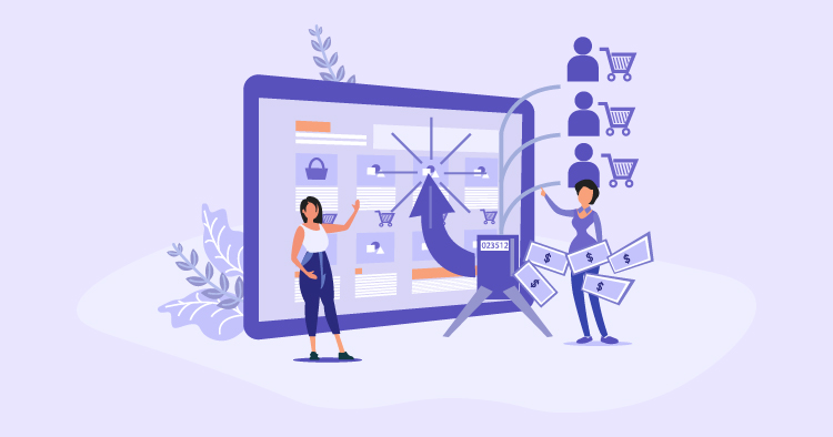 Digital marketing concept featuring two women interacting with an online shopping interface, showcasing e-commerce elements like product displays, shopping carts, and user engagement. The illustration emphasizes online retail strategies and customer interaction in a vibrant, modern design.