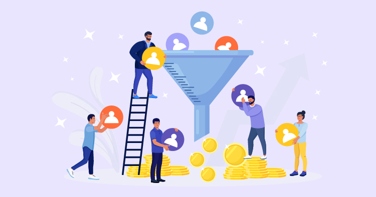 Illustration depicting a marketing funnel with diverse individuals placing icons representing people into the funnel, surrounded by stacks of coins, symbolizing customer acquisition and conversion in digital marketing.