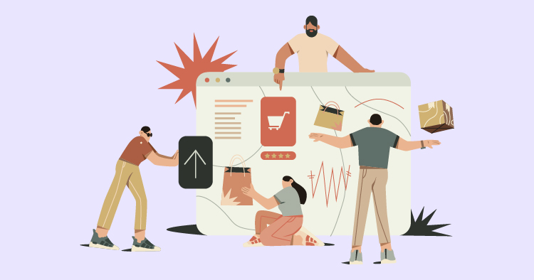 Illustration of a diverse group of people collaborating around a computer screen displaying an online shopping interface, featuring shopping carts, ratings, and product images, symbolizing e-commerce and digital marketing strategies.