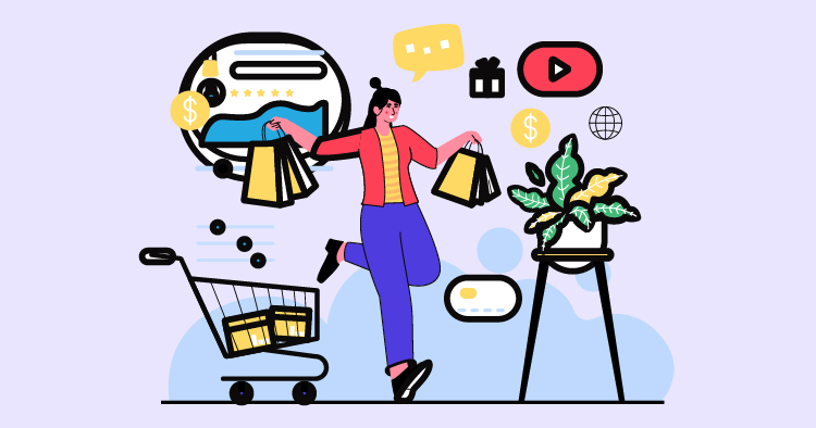 A cheerful shopper carrying bags walks beside a shopping cart, surrounded by social media icons, a gift symbol, and a potted plant, illustrating the concept of online shopping and digital marketing.