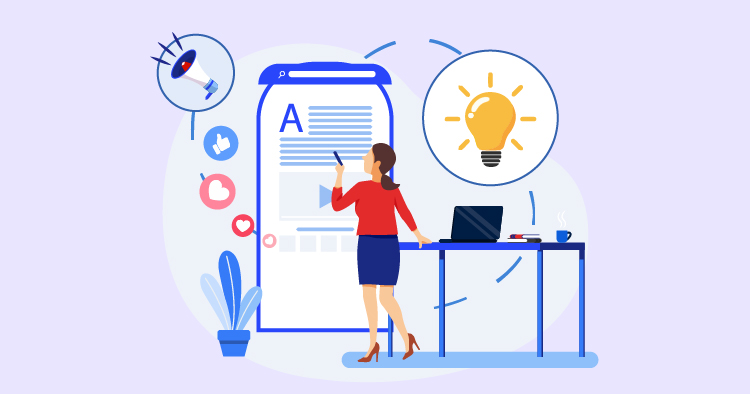 A woman in a red blouse stands by a large digital screen displaying text, brainstorming ideas for content creation. Surrounding her are icons representing creativity, including a light bulb and social media symbols, with a desk and a plant in the foreground.