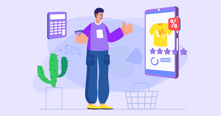 A young man using a smartphone to shop online, displaying a thumbs-up gesture. The background features a shopping cart, a calculator, and a cactus, along with promotional graphics indicating discounts and star ratings for a yellow shirt. This image represents e-commerce and online shopping trends.