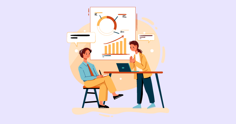 Two professionals engaged in a discussion at a table, with one person seated and the other standing. A laptop is open on the table, and a colorful chart displaying growth metrics is visible on the wall behind them, emphasizing collaboration and data analysis in a modern workspace.