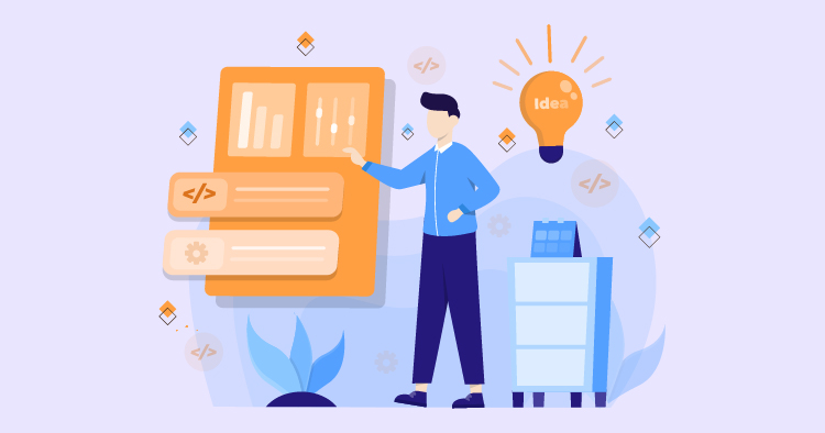 A person interacting with a data analytics dashboard in a modern office setting, with a light bulb graphic symbolizing ideas and innovation, and a filing cabinet in the background.
