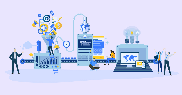 Illustration depicting a digital transformation process with a conveyor belt, featuring diverse professionals engaging with technology, graphs, and data. Elements include a globe, light bulbs, and various digital devices, symbolizing innovation and collaboration in a modern workplace.