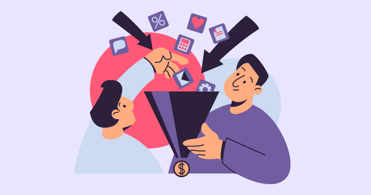 Two men interact with a funnel, symbolizing the conversion of leads into customers. Various icons, such as charts and social media symbols, represent digital marketing strategies. The image emphasizes the importance of effective lead generation and customer engagement in business.