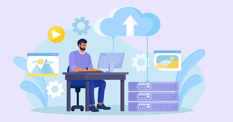 A man working on a computer at a desk with cloud storage icons and server racks, representing data management and technology solutions.