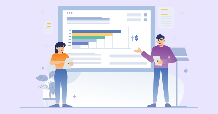 Two professionals discussing data analytics in front of a large digital screen displaying a bar graph and financial metrics, emphasizing collaboration and technology in business decision-making.