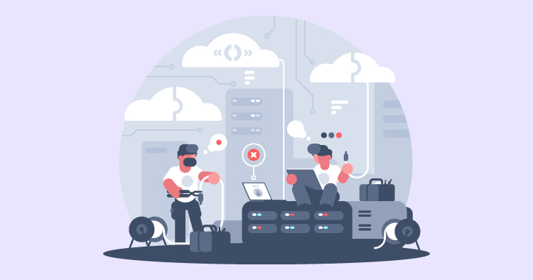 Two technicians working in a modern data center, one configuring equipment while the other analyzes data on a laptop, surrounded by cloud icons and server racks.