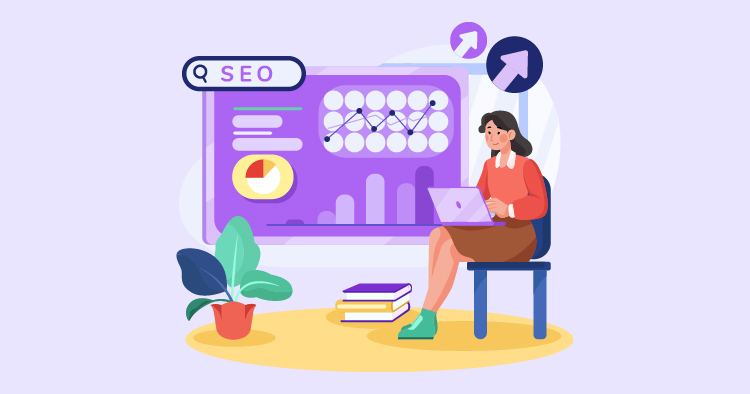 Woman analyzing SEO data on a laptop in a modern office setting, with charts and graphs displayed on a screen, surrounded by books and a potted plant.