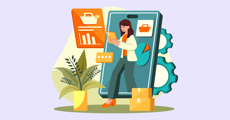 Illustration of a woman interacting with a smartphone displaying e-commerce features, surrounded by shopping icons, graphs, and a plant, symbolizing online shopping and digital marketing.