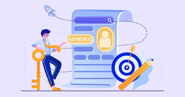 Digital marketing illustration featuring a man with glasses interacting with a search interface that highlights keywords. Elements include a key, a target, and a pencil, symbolizing SEO strategies and content creation.