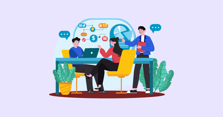 Three professionals collaborating in a modern office setting, discussing data on a laptop and using digital tools. The scene includes plants and colorful graphics representing analytics and communication.