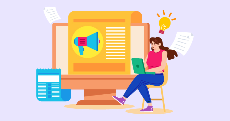 A woman sitting on a chair with a laptop, working on content creation, while a large computer screen displays a megaphone and text, symbolizing marketing and communication strategies.