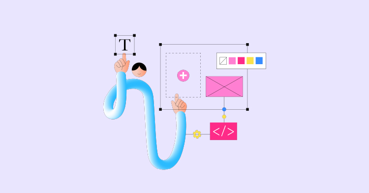 Illustration of a person manipulating design elements, including text, shapes, and color palettes, representing graphic design and web development concepts.