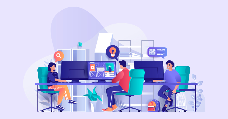 Three diverse individuals working collaboratively at a modern office workspace, focused on computer screens displaying design and programming tasks, with digital communication icons in the background.