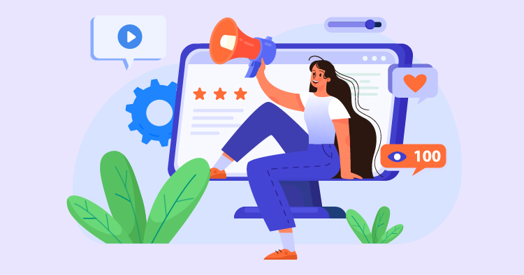Illustration of a woman holding a megaphone while sitting on a computer screen displaying a review section, surrounded by gears and plants, symbolizing online marketing and customer feedback.