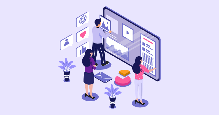Team collaborating on digital content creation, featuring a man adding visuals to a screen and two women engaged with data and design elements, set in a modern office environment with plants.