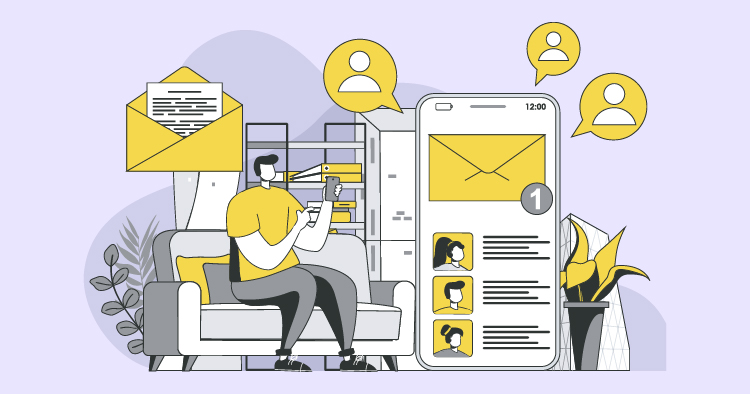 Illustration of a person sitting on a couch, engaging with a smartphone displaying messages and notifications, surrounded by elements like an envelope, contact icons, and indoor plants, representing digital communication and connectivity.