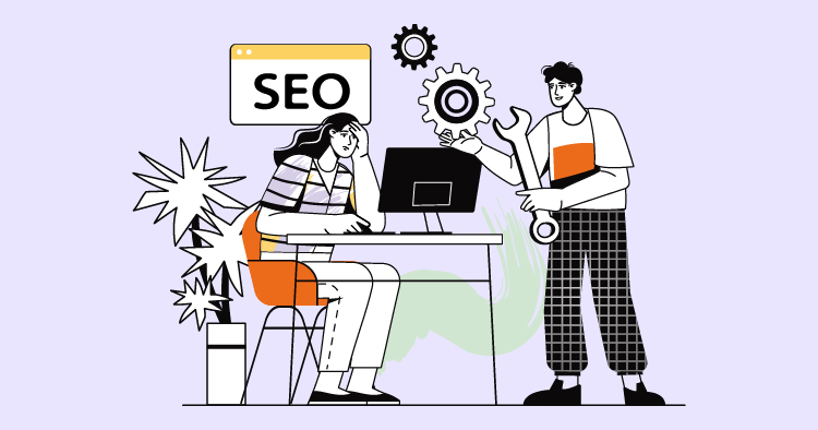 A digital illustration depicting a woman at a desk looking at a computer screen with "SEO" displayed, while a man stands beside her holding a wrench and gears, symbolizing SEO optimization and support in digital marketing.