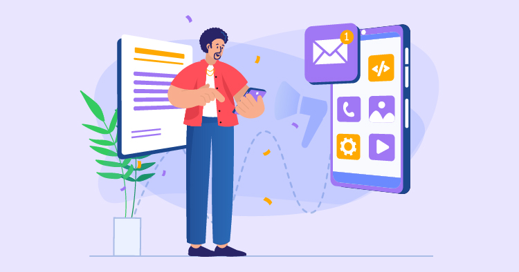 Person using a smartphone to check notifications, surrounded by digital icons and a document, representing communication and technology in a modern workspace.