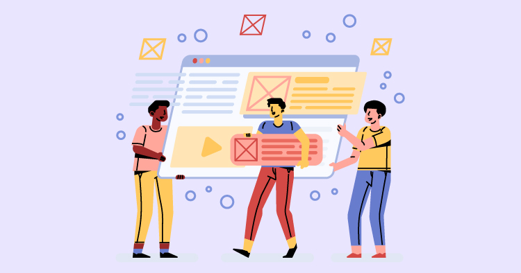 Three diverse individuals collaborating on a digital project, holding a large mockup of a website design with colorful elements, showcasing teamwork in web development and design.