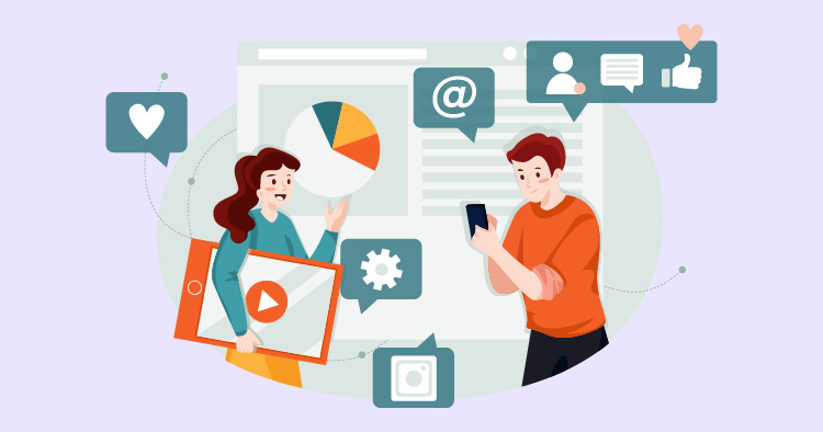 Illustration of two professionals collaborating on a project, featuring a woman holding a presentation board with a pie chart and a man using a smartphone, surrounded by various digital communication icons.