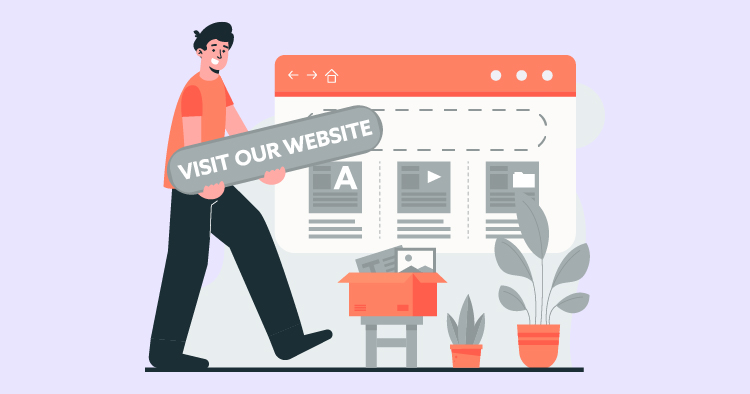 Illustration of a person carrying a sign that says "Visit Our Website" in front of a computer screen displaying web content, representing online engagement and digital marketing strategies.