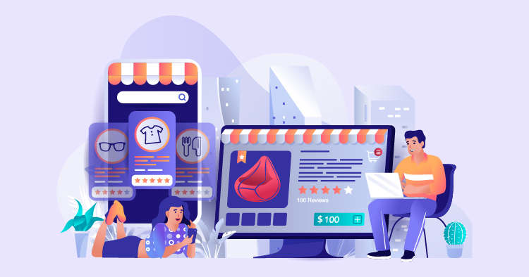 Illustration of an online shopping scene featuring a woman browsing products on a smartphone while lying down, and a man seated at a desk using a laptop to shop. The background includes a large computer screen displaying a product listing with reviews and prices, highlighting the convenience of e-commerce.