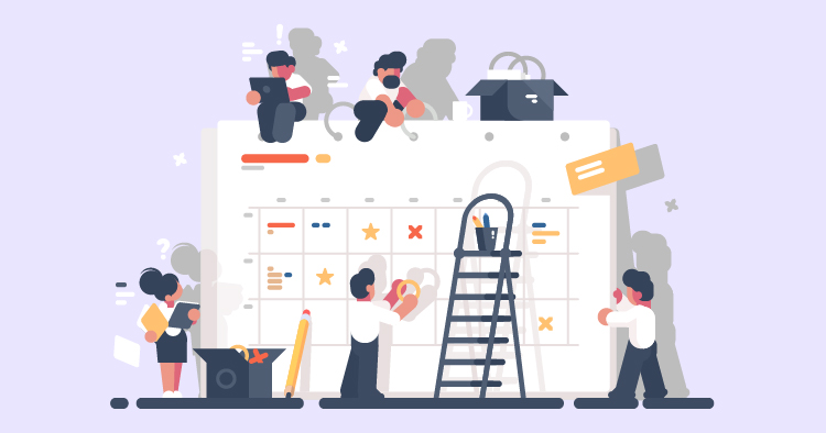 Illustration of a diverse team collaborating on a project calendar, with individuals engaged in planning and organizing tasks. The scene includes a ladder, tools, and a calendar filled with notes and highlights, symbolizing teamwork and project management.