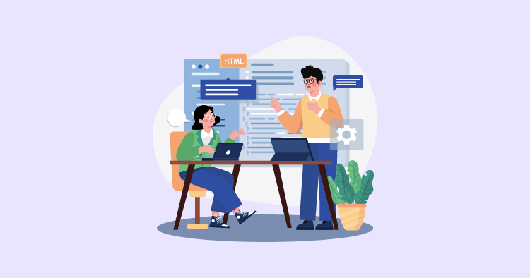 Two professionals collaborating in a modern office setting. One person is seated at a desk with a laptop, while the other stands beside them, gesturing and discussing. Background elements include HTML code and chat bubbles, emphasizing a focus on web development and teamwork. A potted plant adds a touch of greenery to the workspace.