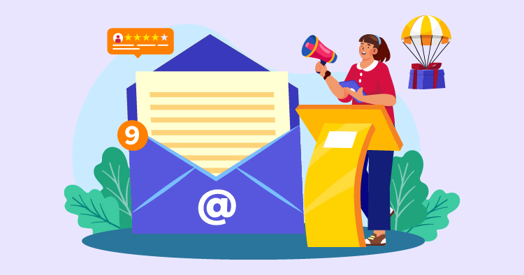 Illustration of a woman speaking into a megaphone next to a large email envelope, symbolizing email marketing and communication strategies. The background features vibrant colors, emphasizing digital engagement and outreach.