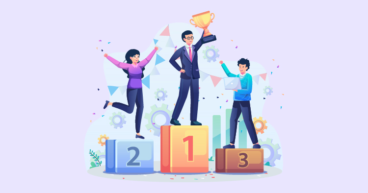 Illustration of three people celebrating on a winners' podium, with the first-place winner holding a trophy, while others express joy and encouragement. The background features colorful decorations and gears, symbolizing achievement and teamwork.