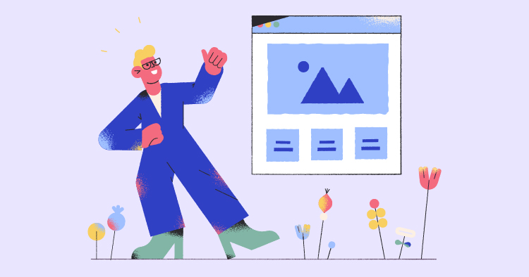 Illustration of a cheerful man in a blue outfit standing next to a computer screen displaying a website layout with an image placeholder and text sections, surrounded by colorful flowers.