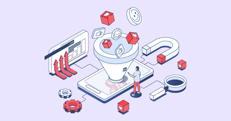 Illustration depicting a digital marketing funnel, featuring a smartphone, icons representing engagement and conversion, and gears symbolizing analytics, emphasizing the process of attracting and retaining customers in a digital landscape.