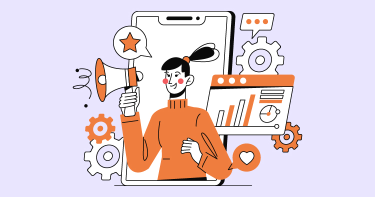 Illustration of a woman holding a megaphone in front of a smartphone, surrounded by gears and graphs, symbolizing digital marketing and communication strategies.