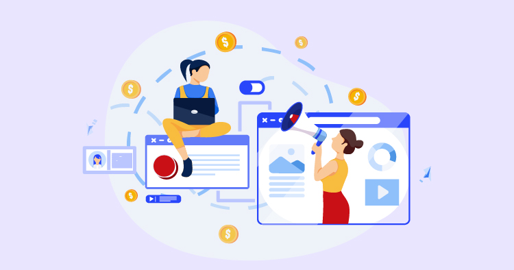 Illustration depicting digital marketing concepts, featuring a woman using a megaphone for promotion and a person sitting on a webpage, surrounded by icons representing money, analytics, and media tools.