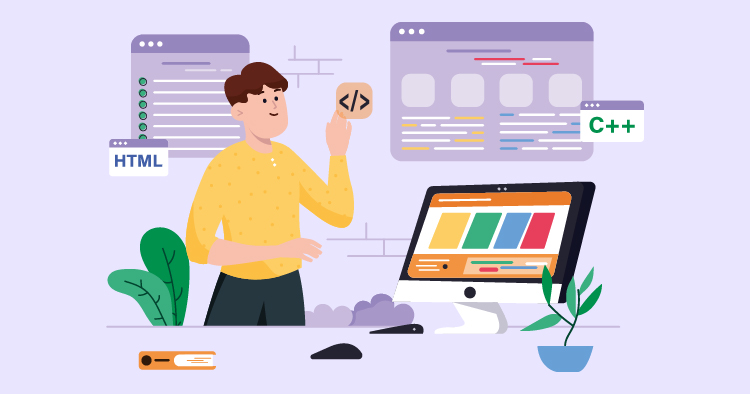 A young man in a yellow shirt holds a coding symbol while standing in front of a computer displaying website design elements. The workspace features plants and programming code, illustrating a modern web development environment.