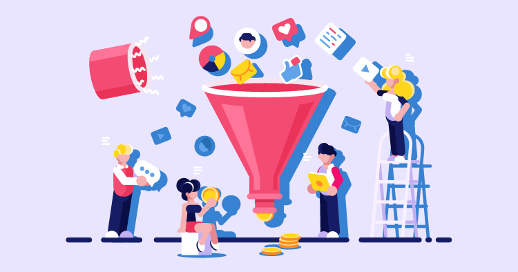 Illustration of a marketing funnel with diverse characters engaging with digital icons representing social media, communication, and analytics. The funnel symbolizes the customer journey, while the characters depict collaboration in content creation and strategy development for effective marketing.