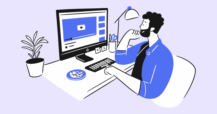 A man sitting at a desk, thoughtfully watching a video on a computer screen while snacking on a plate of cookies. The workspace includes a desk lamp and office supplies, set against a light purple background.