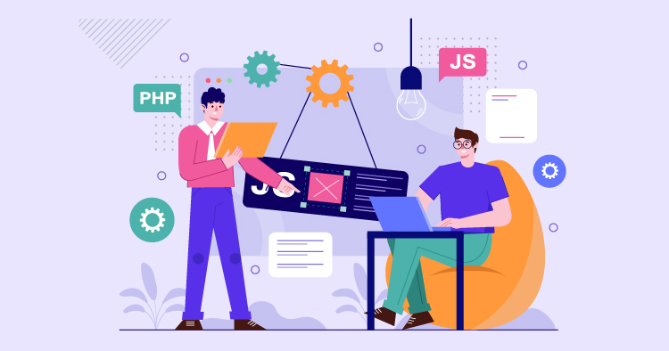 Illustration of two developers collaborating on a web development project, featuring coding languages PHP and JavaScript. One developer is presenting a tablet while the other works on a laptop in a modern workspace, surrounded by design elements and icons representing technology and programming.